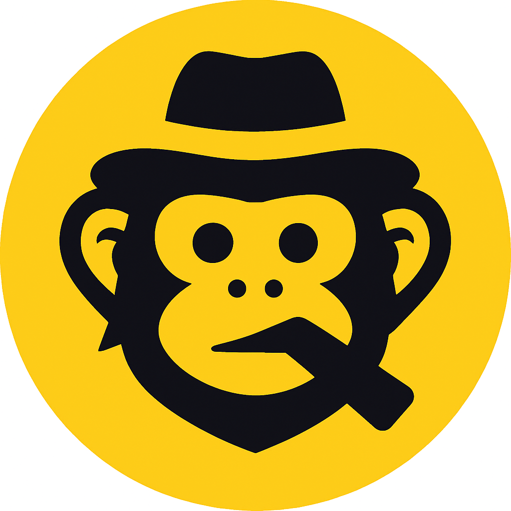 SkinsMonkey Si logo - A stylized monkey face with CS2 weapon skins as a background