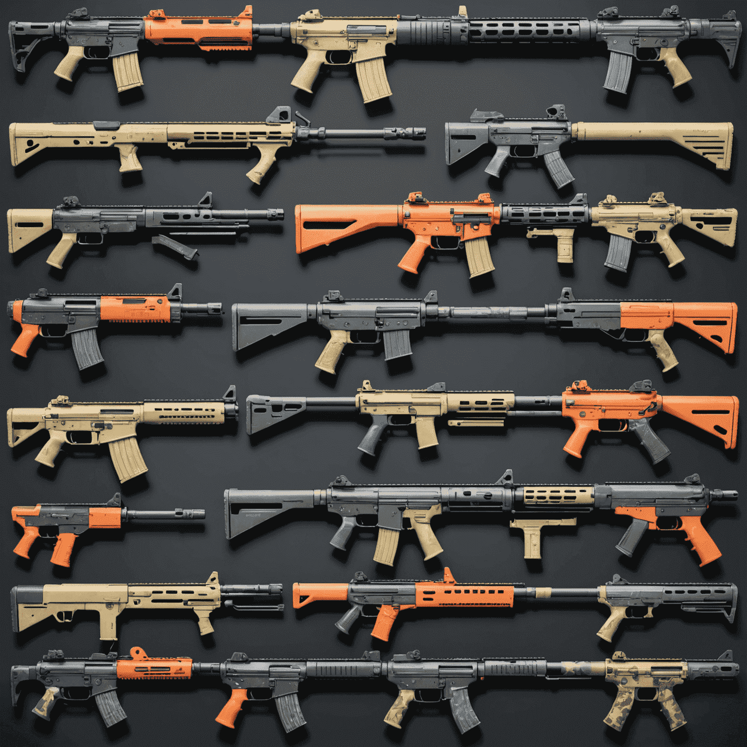 A collection of colorful CS2 weapon skins displayed in a grid layout, showcasing various designs and rarities