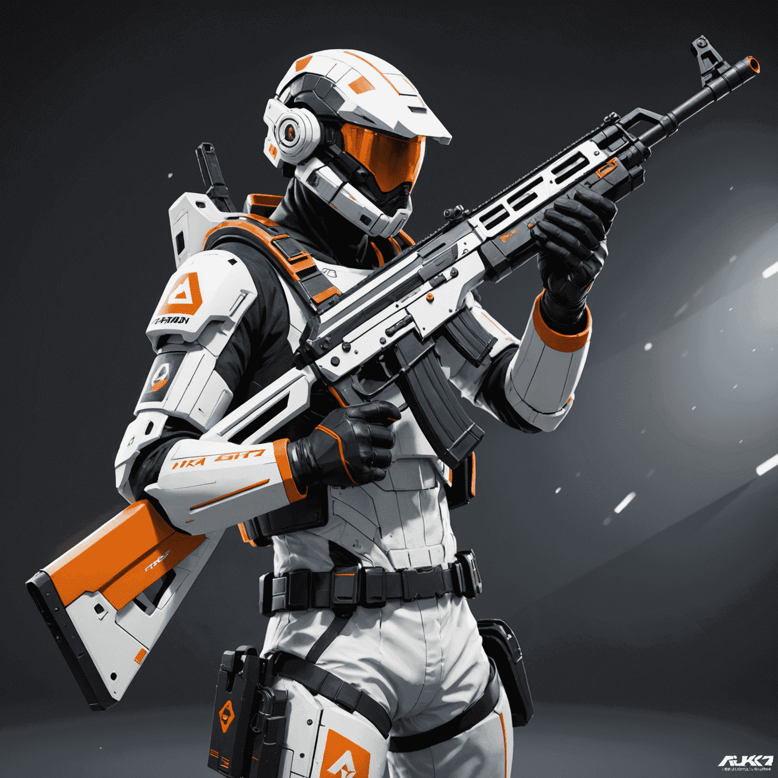 AK-47 Asiimov skin, featuring a futuristic white, black, and orange design