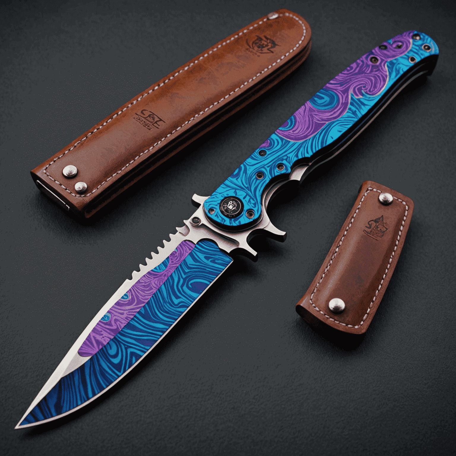 A rare CS2 knife skin with a vibrant blue and purple pattern, showcasing its high value and desirability