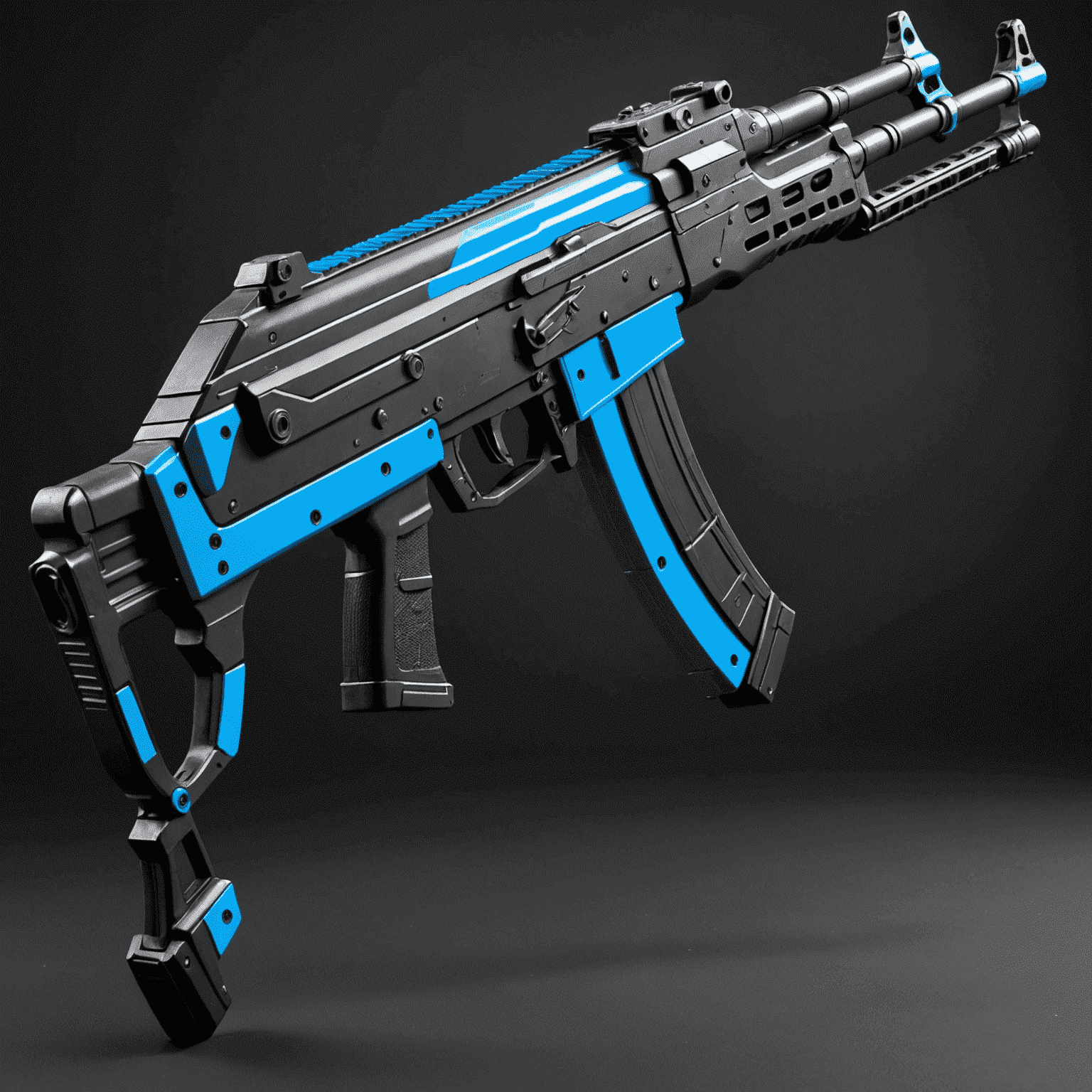 A sleek AK-47 skin with a futuristic design, featuring neon blue accents on a black base
