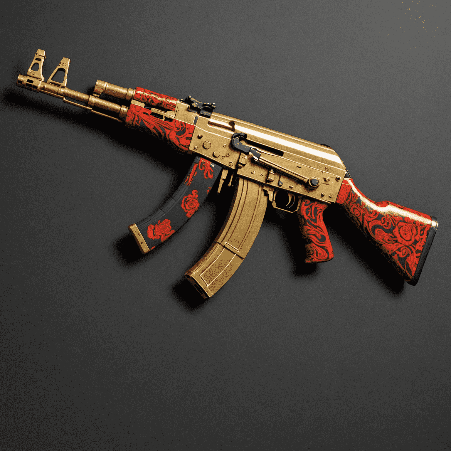 A pristine AK-47 skin with an intricate gold and red design, highlighting its collector's value