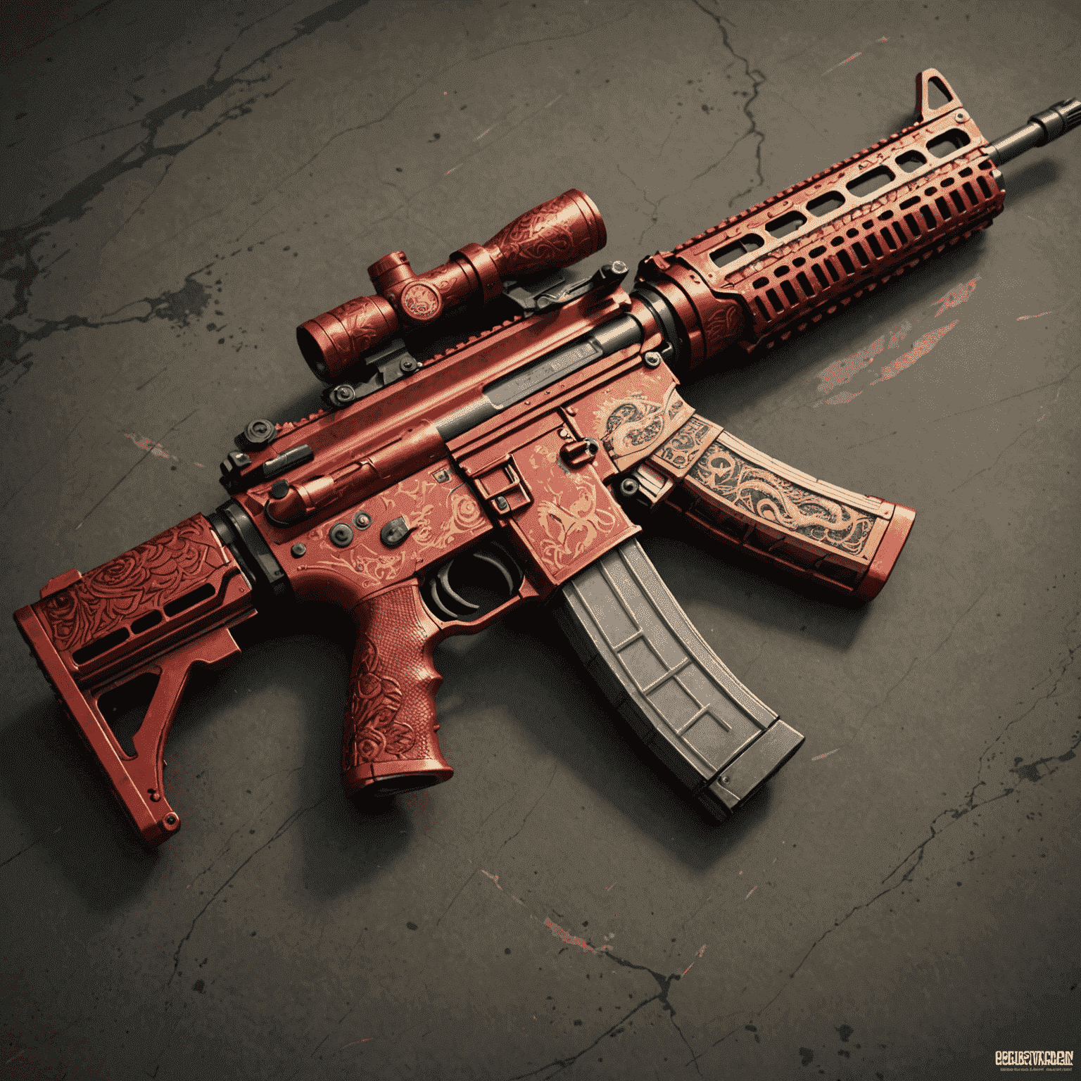 An M4A4 skin with an intricate dragon design, painted in vibrant red and gold colors